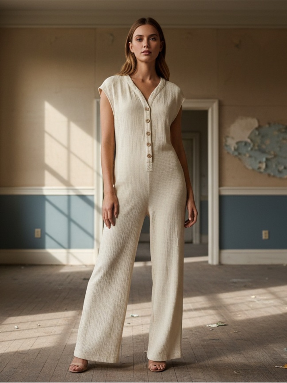 Chic Cream Button-Down Jumpsuit